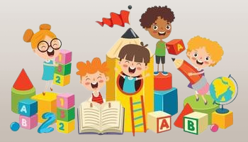 Smiling kids enjoying educational play with colorful books, blocks, and pencils at Rose Play School