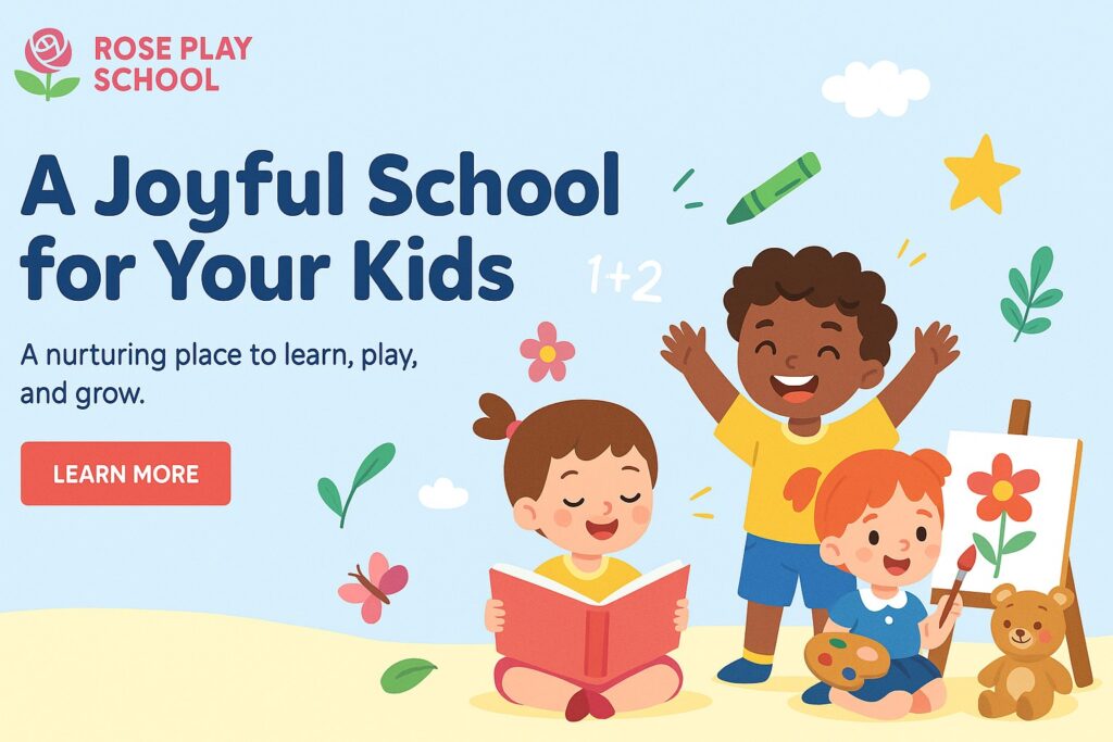 Three joyful children learning and playing together at Rose Play School with art, reading, and fun activities in a colorful and welcoming environment.