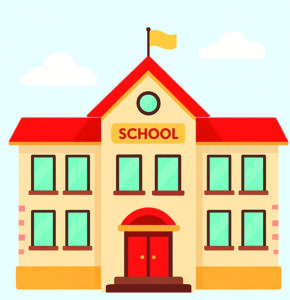 Illustration of a multi-storey preschool building with happy children, colorful blocks, trees, and sunshine β representing the joyful environment of Rose Play School