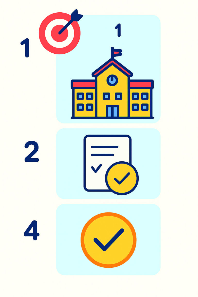 Illustrated infographic showing the admission process at Rose Play School in four steps – enquiry, visit and interaction, form submission, and confirmation.